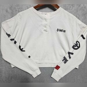 CHNGE  Henley White and Red Graphic Crop Top Medium